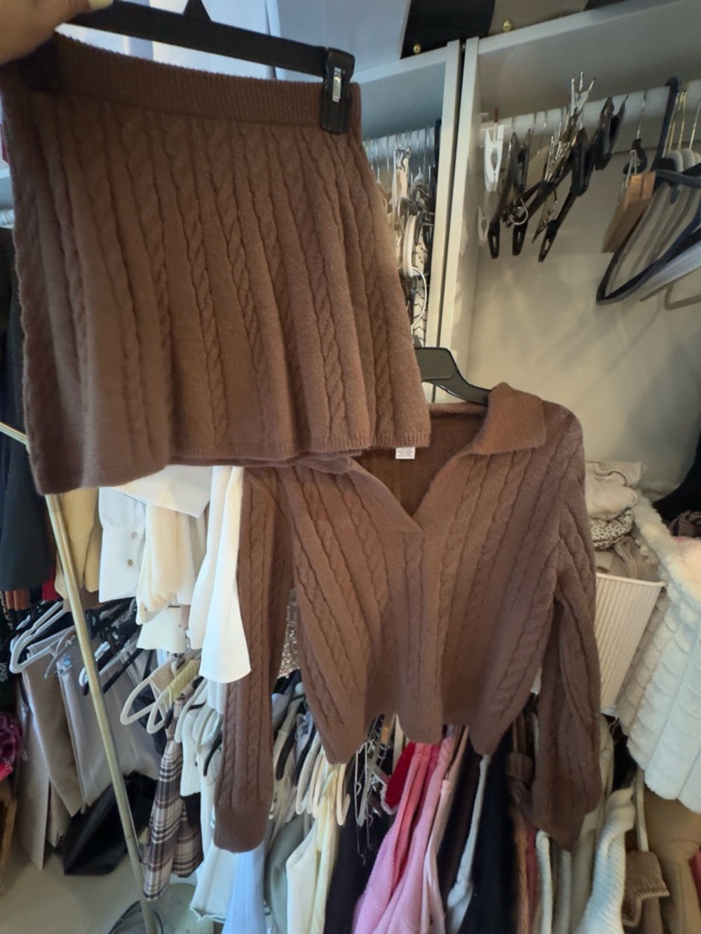 Brown Cable-Knit V-Neck Sweater & Skirt Set